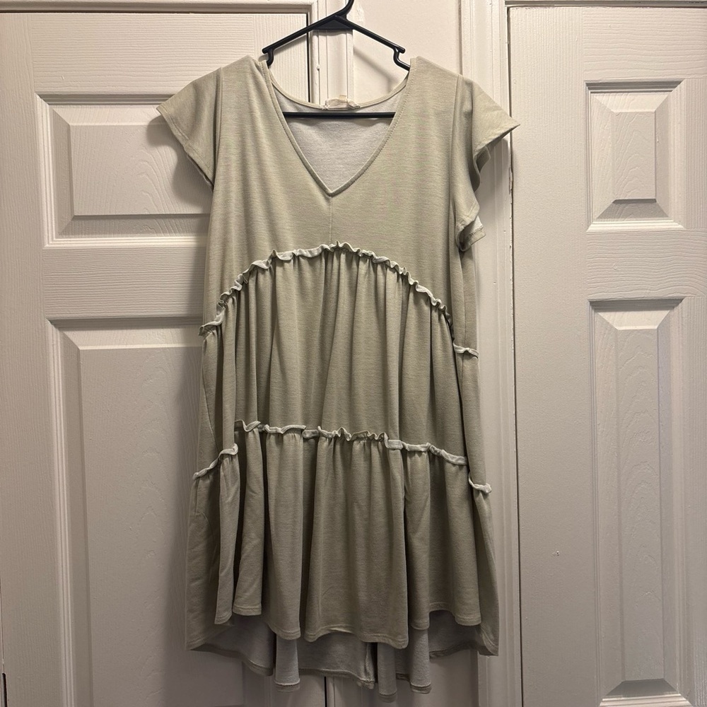 Altar'd State Sage Green Tiered V-Neck Mini Dress